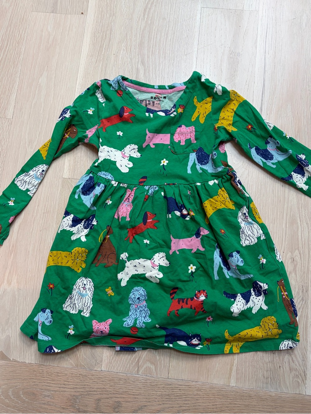 Mini Boden Girls' Green Dress with Multicolor Dog Print